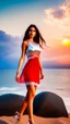 Placeholder: very nice real face beautiful sexy roman with make up at the beach standing next a big rock,in a short lace red and silver dress, full body, 3D cloudy sky volumetric nice clouds 8k sharp focus,sunset,golden hour,medium shot