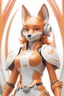 Placeholder: anthropomorphic fox lady with thick eyelashes and wide innocent eyes, and a tall build, orange and white sci-fi armor in Pixar style, 3D, modern render, HD, has a face like Diane Foxington from the Bad Guys movie,