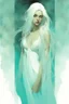 Placeholder: An Enigmatic Woman, Waist-Up View, Back Adorned With Translucent Fabric, Skin Touched With Teal Shimmer, Ethereal Light Glowing, Long White Hair Cascading To Her Shoulders, Artwork By Gracious Face, Charming Eyes, Alex Maleev, Intricate Details, Backlit