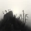 Placeholder: Close-up Ilford photograph of a creepy surreal landscape, rocky spur, eerie, no style, steep, autumn vegetation, very surreal, trees, spooky, metaphysical objects, giant sun, intricate, thoughtful, appalling, deep 3d field, 8k, hypermaximalist, lot of fog