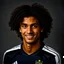 Placeholder: 85mm DSLR color photography of a very detailed headshot fitting all of head and hair in frame. 23-year-old Brazilian soccer player, with and with no facial hair and has a with a small smile, grey background has a soft look on his face has smooth long hair