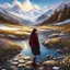 Placeholder: country side ,blue sky , snow on mountains, pretty clouds ,small rocky river with clear water small rocks in floor,wild flowers,beautiful Snow White, long shiny black curvy hair, wearing a burgundy sweater with the word Azerbeyjan written on it, in gold, work clothes, standing, super realistic Fairy lights, intricate detail, texture, depth, vividness, movement, namex, energy, bioluminescence, stunning, epic, ultra-detailed, 8K photography by Miki Asai Macro, close-up, extremely detailed, po