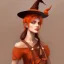 Placeholder: matte painting, color scheme brown and orange ,a beautiful portrait of a witch girl with a witch hat , orange short hair ,brown and orange dress, artstation, concept art, sharp focus, art by tom bagshaw, kelogsloops and greg rutkowski,