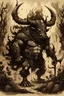 Placeholder: Picture of Minotaur covered in vines leveling up with flames and smoke, the horns are thorny and covered in spikes and the image is in a gothic ink style with a serious atmosphere, forest, plants, fire, smoke, death, gothic, minotaur, scaling, leveling, muscles, big, massive, hooves, giant character wearing armor, has a few thorny rose vines on his horns,