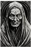 Placeholder: create a deeply powerful evocative, full body woodcut of an angry cursed ancient crone with finely detailed and deeply cut facial features, in the style of KATHE KOLLWITZ , searing lines and forceful strokes, hyper detailed and precisely cut