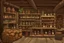 Placeholder: inside of a medieval shop, wooden walls, log pillars, stone bar with shop keeper behind it, magical ingredients on display and weapons on display. people, elves, goblins, orcs, dwarves and lizard folk in room. low lighting and creatures in containers. shelves half empty