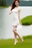 Placeholder: full shot body of Woman portrait with fairly pale skin , green eyes, long auburn hair, and wearing a pretty lace dress . Her outfit is a sexy dress , nice sport shoes. country side ,small lake with a hose in side,