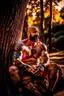 Placeholder: close up photography of a marocan 44 years old seated on a tree trunk in the wood, burly chubby muscular overweight, manly chest, white bulging boxer, shirtless, hairy , golden hour, tatoo,, 35mm lens, f/1.8, accent lighting, global illumination, frontal view from the ground