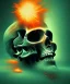 Placeholder: broken skull. black background. smoke and explode. particles in air. teal and orange. abstract. beksinski.