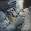 Placeholder: the anthropomorphic gray hairy body wolfman name Teo, holds between his paws the anthropomorphic pale hairy body wolfwoman's face , they look at each other lovingly, blur background, high detalied, realistic, sci-fi and fantasy mood