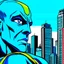 Placeholder: comic book character closeup city background