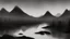 Placeholder: Cloudy dark sky, Distant epic mountains, river, rocks, trees, chinese ink painting