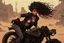 Placeholder: scarred cyberpunk vampire girl with tribal tattoos short curly cyberpunk hair riding a black cafe racer motorcycle in a post apocalyptic wasteland on fire