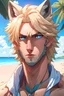 Placeholder: The beautiful and perfect portrait is on the tropical island, anime, anthropomorphic wolf, a blonde-haired and pale blue-eyed male character on the beach for the magazine, 8K resolution, high quality, ultra graphics, and detailed with lines.