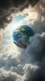 Placeholder: Planet earth hovering above swirling clouds, emerges from the heart of a raging storm. Turbulent winds of steam swirl around the iconic structure, lit by shafts of sunlight that cast dramatic shadows on the A large beast hand in the cloud trying to grab planet Earth hovering by over the clouds, another high planet waiting to collapse with planet earth , High quality 16k cinematic scene and great photography