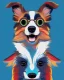 Placeholder: Vibrant, fun t-shirt design of a stylish Australian Shepherd dog with cool sunglasses and relaxed demeanor. The coat is a gradient mix of blue, red and white. The background is a fun red heart-shaped silhouette. The overall design is visually striking and would turn heads on a (((black t-shirt)))