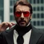 Placeholder: a young man with big muscles who looks like hans gruber wearing a turtleneck and red sunglasses staring with an angry look on his face