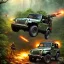 Placeholder: vietnam war. war report. jeep in jungle. poster. bokeh. lens flare. warm lights. high detailed