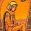 Placeholder: Moebius style scifi pilot girl with headphones, pilot helmet and exosuit sitting in a starship cockpit with solid earthy colors with a desert and dusty station in the background