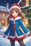 Placeholder: In this festive children's illustration, a pretty anime girl with shiny light brown hair brings the joy of the holiday season as she dons a delightful Santa Claus outfit. Her lovely bright blue eyes sparkle with excitement. She is surrounded by towering Christmas trees adorned with colorful ornaments and other festive decorations. Twinkling lights add a magical touch to the illustration, illuminating the snow-covered landscape. The warm glow of the sunset light bathes the scene in a cozy and inv