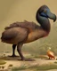 Placeholder: John James Audubon-like illustration of a fully uncropped Dodo bird and a Platypus in a landscape of warm yellows, warm reds, and warm blues