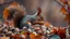 Placeholder: The season of autumn. Squirrel gathering nuts. Beautiful atmospheric photograph showing Nature preparing for winter. Fallen leaves, acorns, chestnuts, berries, fruits, Pumpkins and gourds in warm oranges and yellows, Misty mornings, fog over fields or forests, Cozy scarves and sweaters, bundled-up figures, crisp apples in baskets, apple picking, Warm drinks like steaming mugs of tea, cider, or hot chocolate Flocks of migrating birds, lanterns, candles at dusk. winning photograph