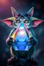 Placeholder: airbrush with pen outline, gremlin cat pimp holding a big reflective prismatic pyramid with orb containing plasma in the style of Escher , bokeh like f/0.8, tilt-shift lens 8k, high detail, smooth render, down-light, unreal engine, prize winning