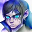 Placeholder: dnd, fantasy, watercolour, ilustration, halfling, artstation, ranger, infused with elemental powers of water, portrait, face, glowing blue eyes, angry, vicious