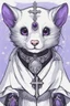 Placeholder: (anthropomorphic white ferret),dressed in ((cleric fantasy)) black and purple clothes with silver holy ornaments, realistic anatomy, holy symbols around, serious face, hold holy cross symbol, tired face, in the style of LOISH, look at the vivewer, blue eyes, cute face, 2d, ink lines, fantasy inspire