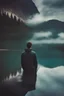 Placeholder: Young man looking out on a serene lake reflecting on his inner journey. What transformative message does the water reveal? futuristic