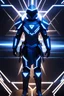 Placeholder: neon blue, floating parts of armor in form triangle of light orbiting behind the back, cyber armor, geometric patterns on armor, male, orbiting triangle