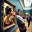 Placeholder: Mona Lisa comes out of the picture and kisses a young man who is standing in the museum looking at her picture