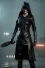 Placeholder: executioner in black leather, mature woman, hood, cleavage, evil, angry, sci-fi fantasy style, 8k,dark