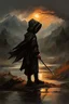 Placeholder: A formidable warrior-a 10-year-old boy in a black robe with a hood, on the background Amazing gloomy landscape, flooded with sunset, mountains, trees, fabulous scary hero, , juicy emotions, painting, dark fantasy, bad weather, gloomy day, dark world, by Raymond Swanland & Alyssa Monks & Anna Razumovskaya & James Paick