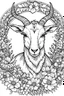 Placeholder: portrait of goat and background fill with flowers on white paper with black outline only, style mandala