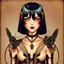 Placeholder: Full Body, Art Nouveau Woman With A Bob With A Fringe Hairstyle, Cleopatra Clothing, Steampunk Metal moth with red wings, Black Background