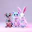 Placeholder: Colored translucent 3D small dog, cat, and rabbit displayed side by side funny poses, smooth glass and acrylic materials, pastel and neon color palette, clean minimalist background, soft studio lighting, refractive and reflective surfaces, product render style, cinema 4D, redshift, high detail, centered composition.