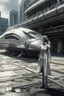 Placeholder: a photorealistic sleek, long, silver spaceship sitting in the street of a dystopian futuristic ruined alien city, with a woman in a silver suit, standing in front