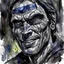 Placeholder: dnd, fantasy, watercolour, large strokes, stylistic, portrait, face in frame fully, illustration, very dull black grey colours, male, face, sturdy wide face, weathered face, sly, violent, evil, ruthless, vicious, smiling