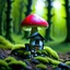 Placeholder: "Close up of a wonderful tiny Mushroom Tower home. Red and green with bright white, deep black and contrasting tones of gray magenta and violet colors. Illuminated bioluminescent forest. Professional painter, master at composition. small but detailed. broken, blurred background, voluminous lighting"