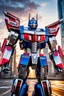 Placeholder: Photography A picture cyber mechines transformer Optimus prime ,with surface coated chrome polished details, city background