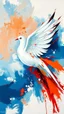 Placeholder: abstract painting of a white dove in bold red, orange, and blue tones, dynamic brush strokes, ocean background hinted through color layers, expressive and elegant modern art, oil paint texture, --ar 4:5 --v 6 --style raw --quality 2