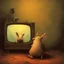 Placeholder: pig watching a tv with a rabbit playing music beksinski style