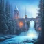 Placeholder: spray painted fantasy art, book illustration, close up on big wolf wizard,the stairs of a bridge or dam ,icy water, on the bridge,seen from the tree tops