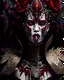 Placeholder: Voidcore shamanism woman portrait adorned with decadent rainy white samanism red and black gladiolus headdress wearing metallic irridescent bioluminescense red and vantablack and wite decadent filigree Golden floral embossed gladiolus dress armour ribbed with mineral stones wearing half face metallic rococo masque organic bio spinal ribbed detail of transculent metric pearl shell colour petals glittering Extremel detailed hyperrealistic maximálist concept portrait art