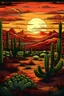 Placeholder: A sunset desert landscape illustration with a focus on cacti and mountains, featuring richly detailed backgrounds and brightly colored monochrome landscapes. The style is reminiscent of cowboy imagery and vibrant color fields, creating a romantic and realistic depiction of a desert at sunset.