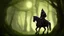 Placeholder: Dark robed wizard on a horse in the forest