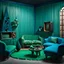 Placeholder: Detailed cozy living-room made of modeling clay, odd furnitures, naïve, strong texture, TV studio 1950's shot, extreme detail, Max Ernst, green and blue moody colors, sparkles, Yves Tanguy, odd