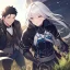 Placeholder: Girl with white hair. Boy with black hair wearing leather. Field