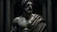 Placeholder: Marcus Aurelius, closeup of stoic greek statue with very muscular body from front, strong arms, Zeus style, stone carving, greek columns blurred behind, cinematic, 8k, dark background